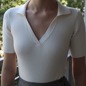 Charlie Holiday Ribbed V-Neck Polo Top in Cream